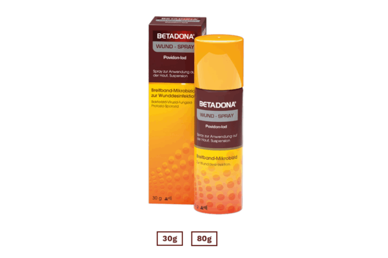 BETADONA Wund-Spray in einer orange-weißen Dose, genutzt zur Wunddesinfektion in zwei Größen.