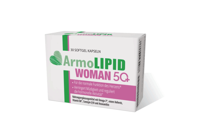Verpackung mit Softgel-Kapseln ArmoLIPID WOMAN 5Q+, betont Herzfunktion und hormonelle Aktivität.