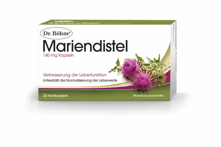 Verpackung von Mariendistel-Kapseln zur Unterstützung der Leberfunktion mit Pflanzenmotiven.