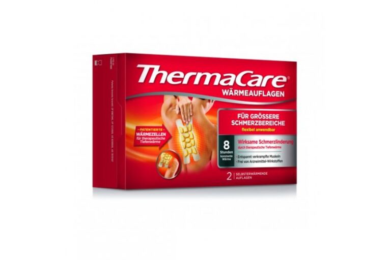 ThermaCare Wärmepackungen in roter Verpackung, geeignet zur Linderung von Schmerzen durch konstante Wärme.