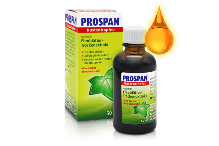 Prospan Hustentropfen in einer 50 ml Braunglasflasche mit grüner Verpackung und einem Tropfen, der aus der Flasche fällt.