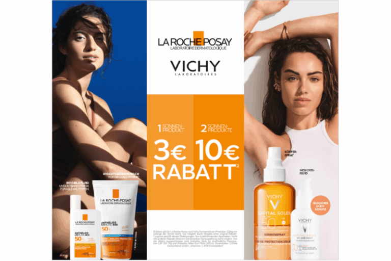 Werbung für Sonnenpflege mit Produkten von La Roche-Posay und Vichy, rabattiert zwischen 3€ und 10€.